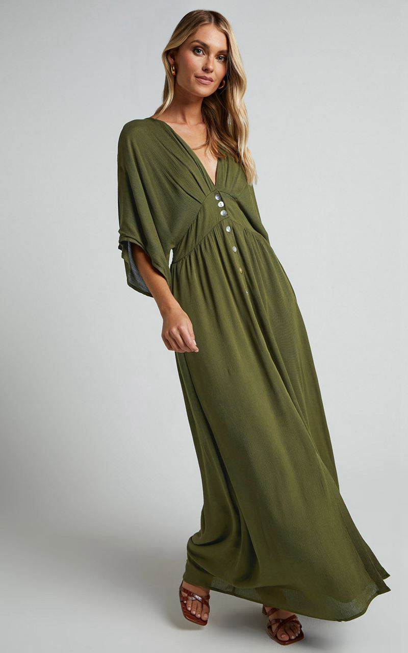 Showpo Sitting Pretty Midi Dress - Short Sleeve Button Down Dress Olive | AZGOLD163