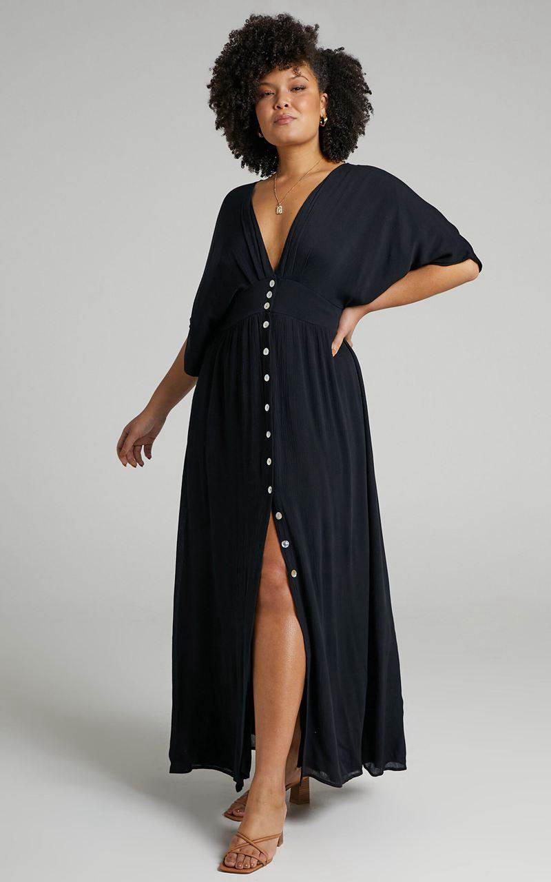 Showpo Sitting Pretty Midi Dress - Short Sleeve Button Down Dress Black | QGHBRN315