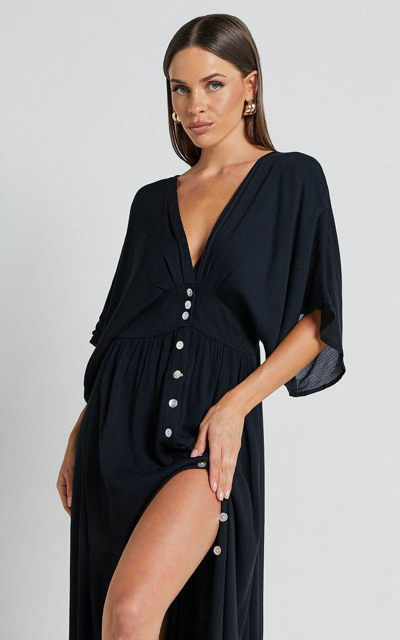 Showpo Sitting Pretty Midi Dress - Short Sleeve Button Down Dress Black | QGHBRN315