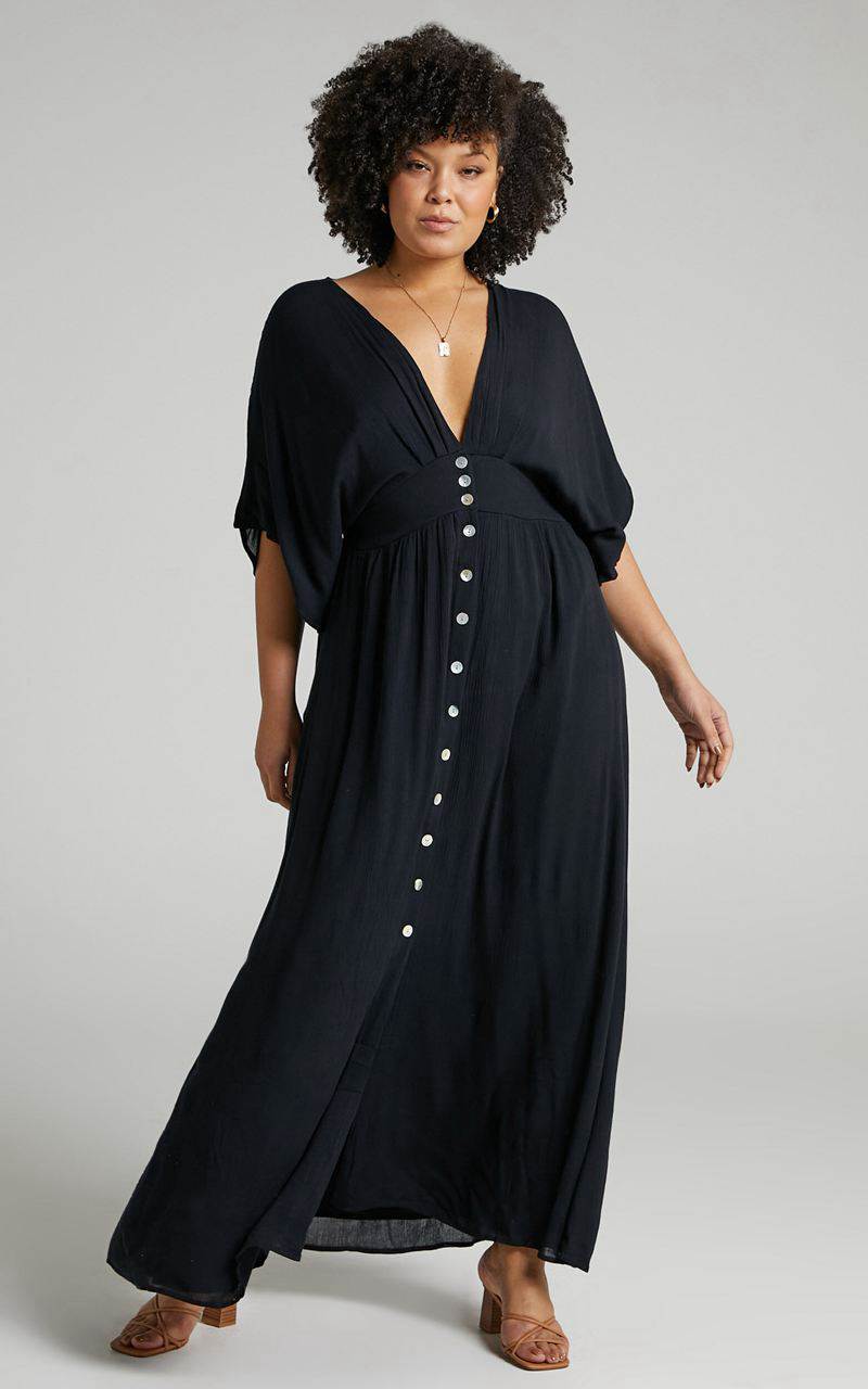 Showpo Sitting Pretty Midi Dress - Short Sleeve Button Down Dress Black | QGHBRN315