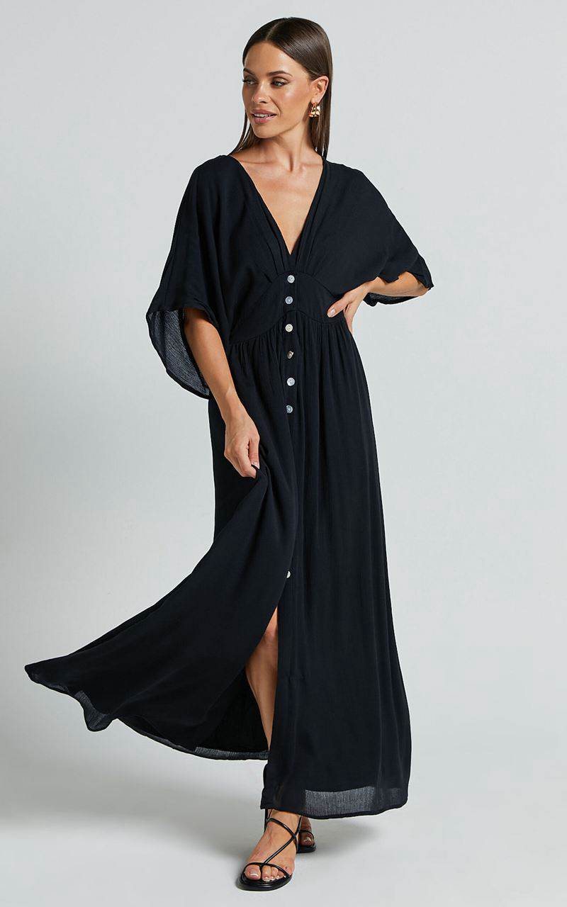 Showpo Sitting Pretty Midi Dress - Short Sleeve Button Down Dress Black | QGHBRN315