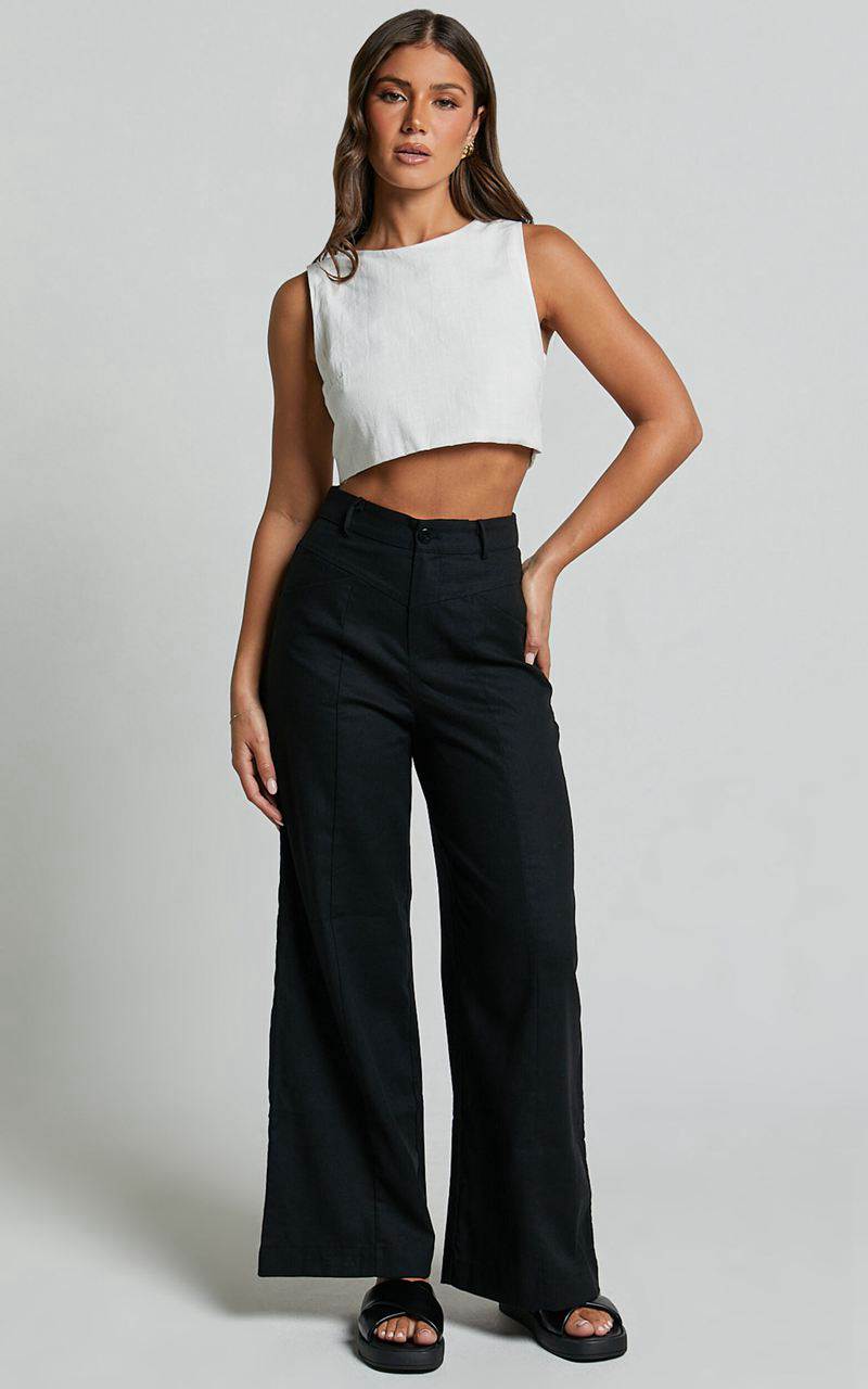 Showpo Skye Pants - Linen Look High Waisted Seam Detail Pants Black | GUBCZT069