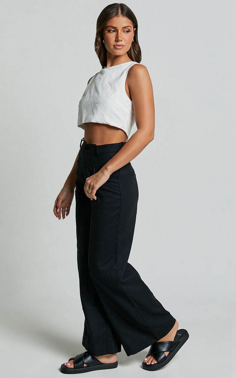 Showpo Skye Pants - Linen Look High Waisted Seam Detail Pants Black | GUBCZT069