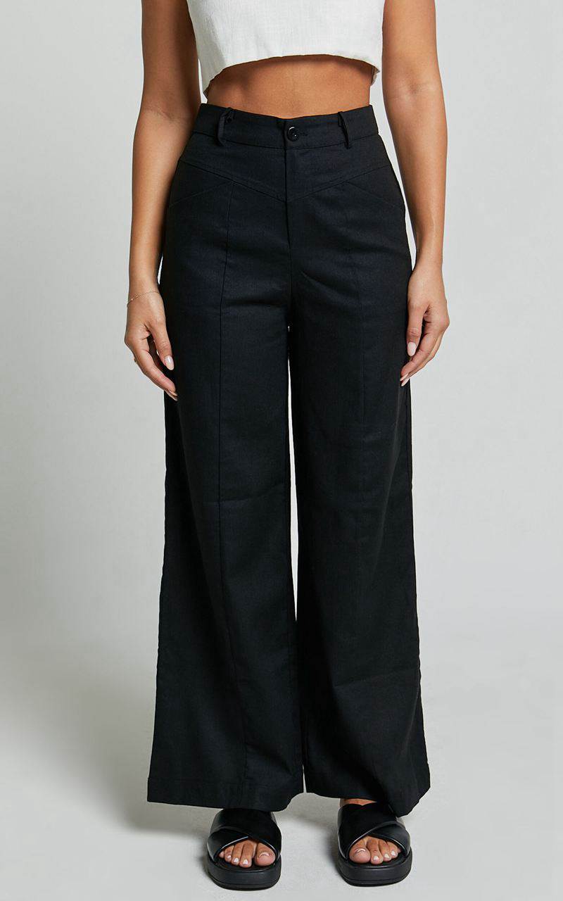 Showpo Skye Pants - Linen Look High Waisted Seam Detail Pants Black | GUBCZT069