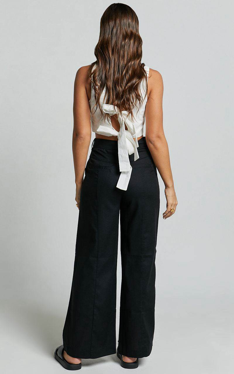 Showpo Skye Pants - Linen Look High Waisted Seam Detail Pants Black | GUBCZT069