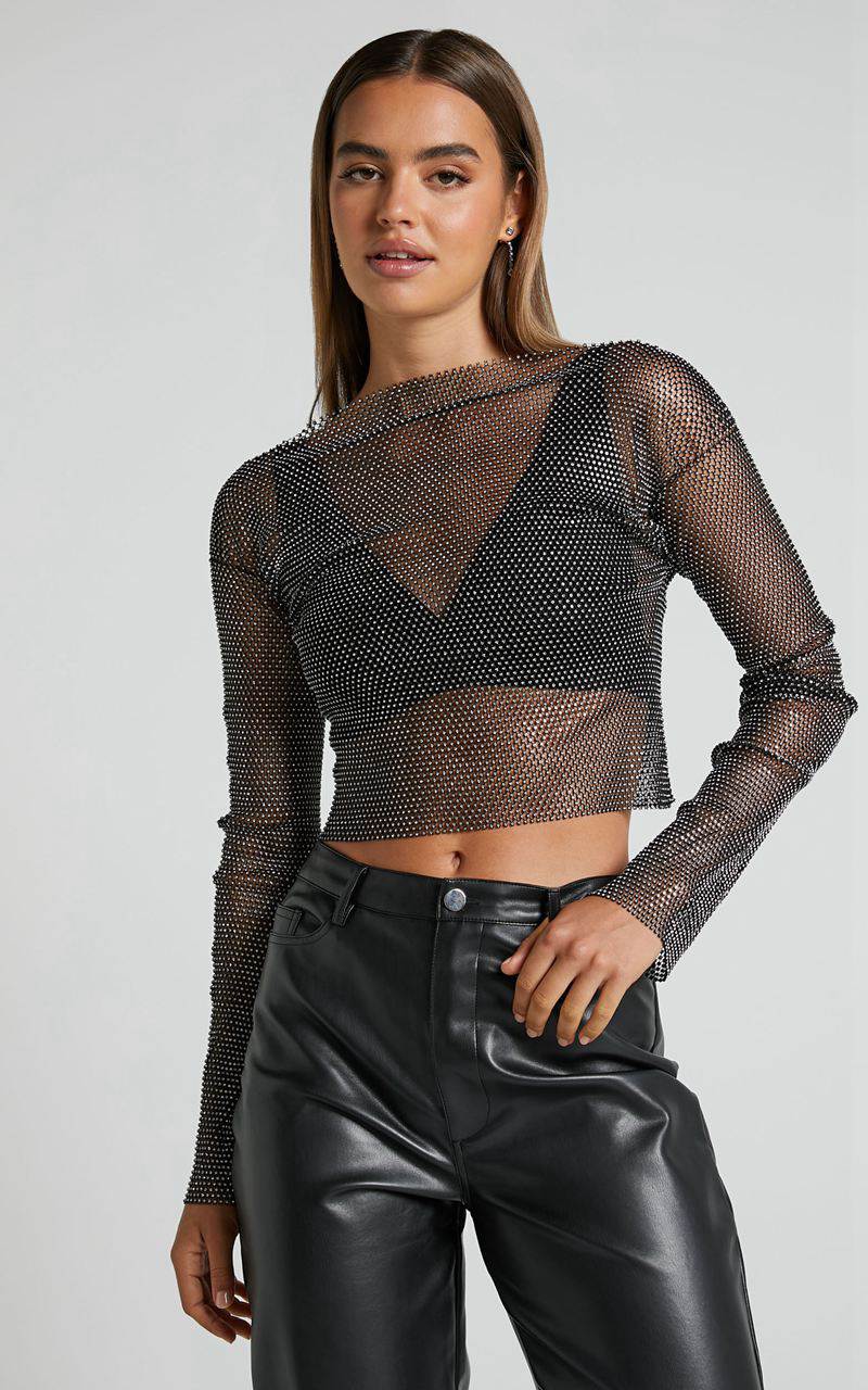 Showpo Skylae Top - Diamante Mesh Long Sleeve Crop Top Black | FYMWIK521