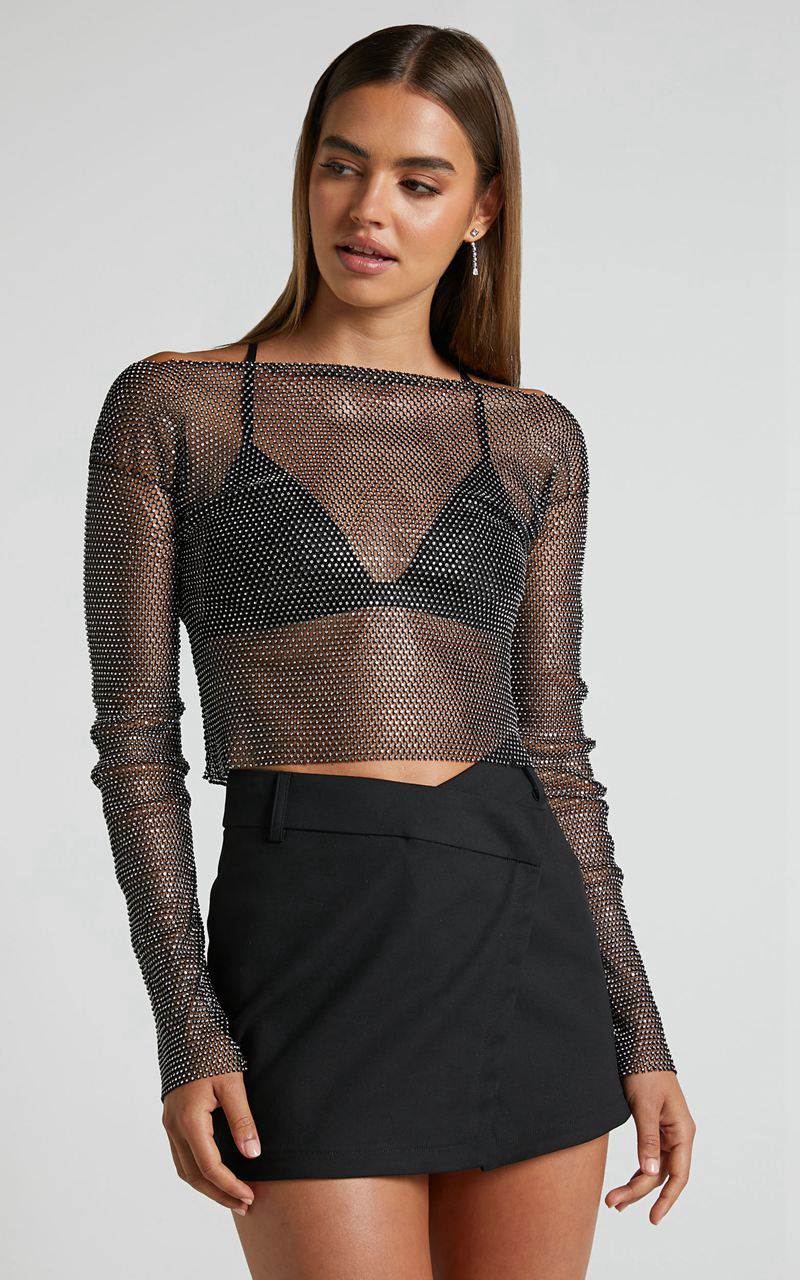 Showpo Skylae Top - Diamante Mesh Long Sleeve Crop Top Black | FYMWIK521