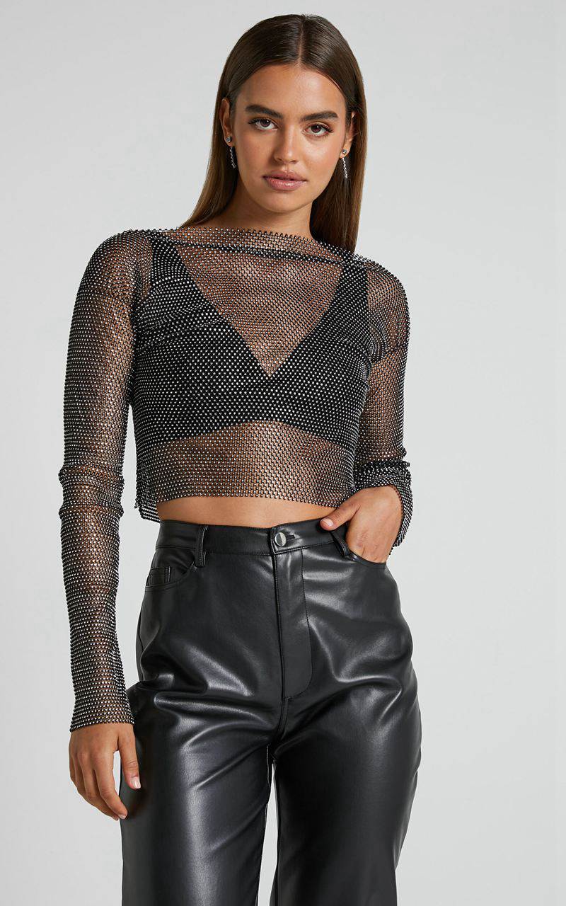 Showpo Skylae Top - Diamante Mesh Long Sleeve Crop Top Black | FYMWIK521