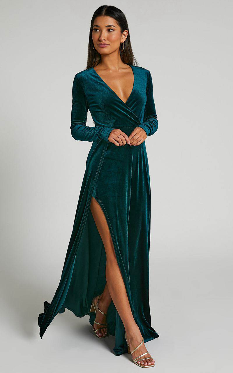 Showpo Sloane Maxi Dress - Long Sleeve Wrap Dress Emerald | VCIQPN087