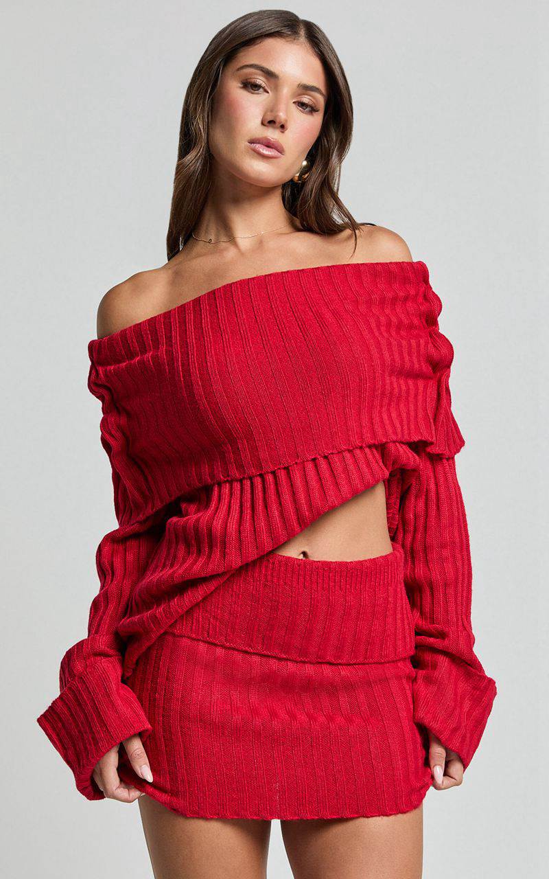 Showpo Sndys The Label - Brooks Off Shoulder Jumper Cherry | KWDIRF036