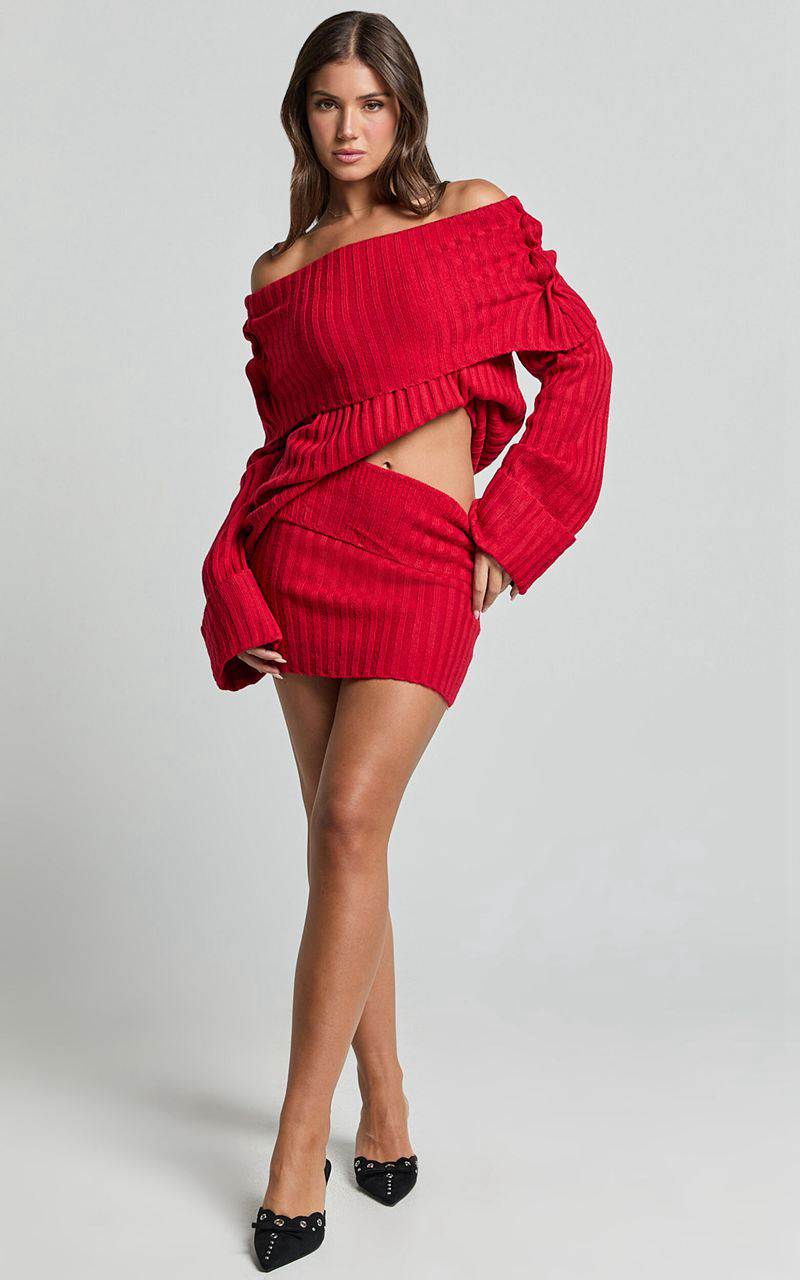 Showpo Sndys The Label - Brooks Off Shoulder Jumper Cherry | KWDIRF036