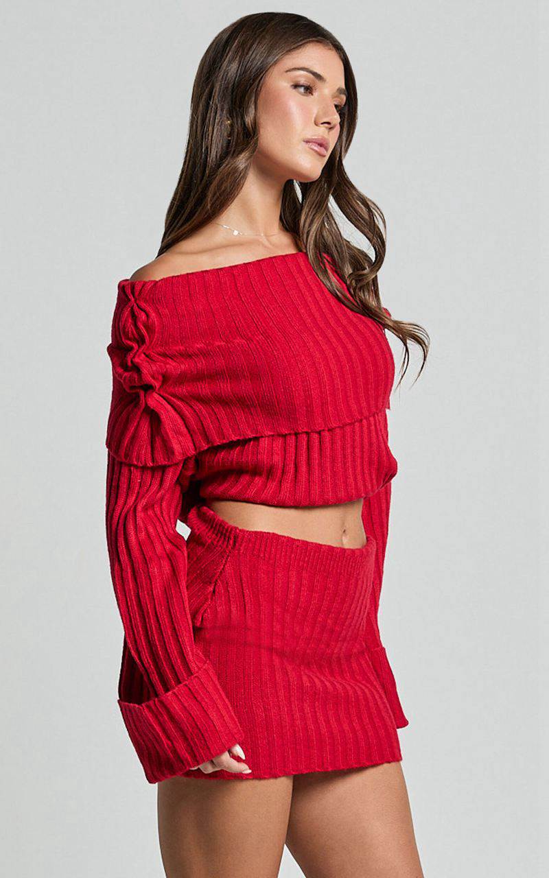 Showpo Sndys The Label - Brooks Off Shoulder Jumper Cherry | KWDIRF036