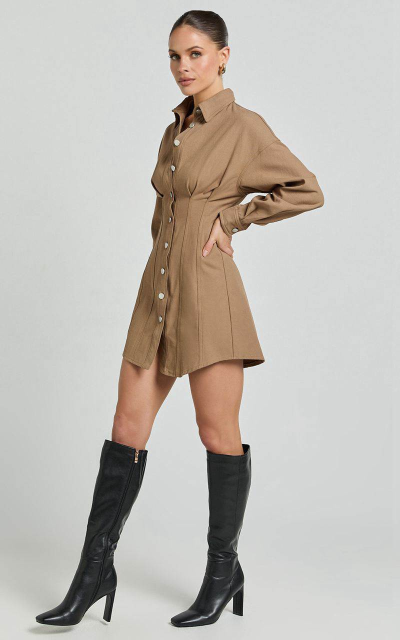 Showpo Sofia Mini Dress - Button Through Long Sleeve Dress Mocha | XNMOAI490