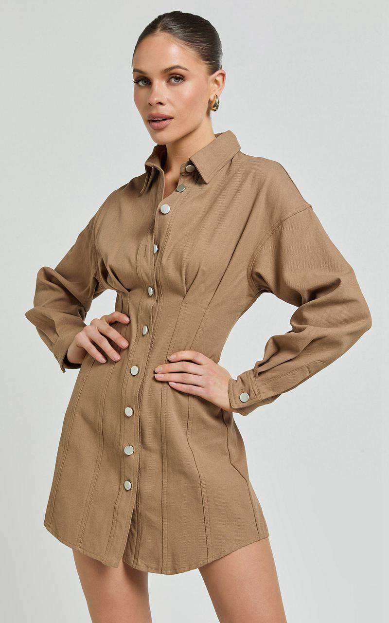 Showpo Sofia Mini Dress - Button Through Long Sleeve Dress Mocha | XNMOAI490