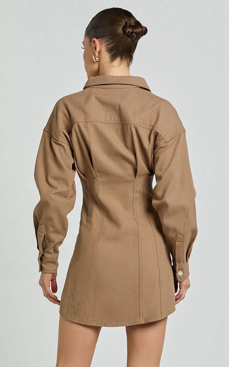 Showpo Sofia Mini Dress - Button Through Long Sleeve Dress Mocha | XNMOAI490