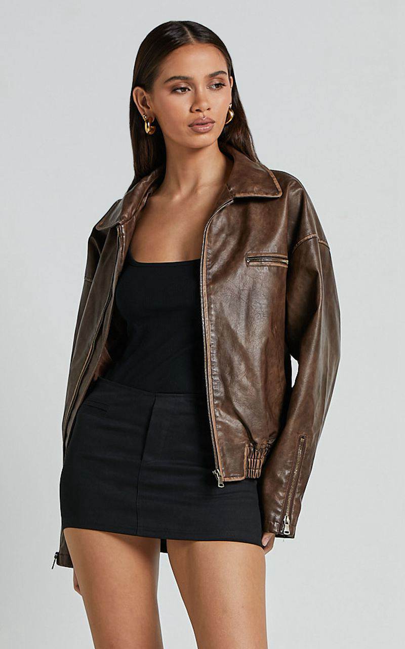 Showpo Sophia Jacket - Crop Pu Bomber Jacket Brown | MXJFNH652