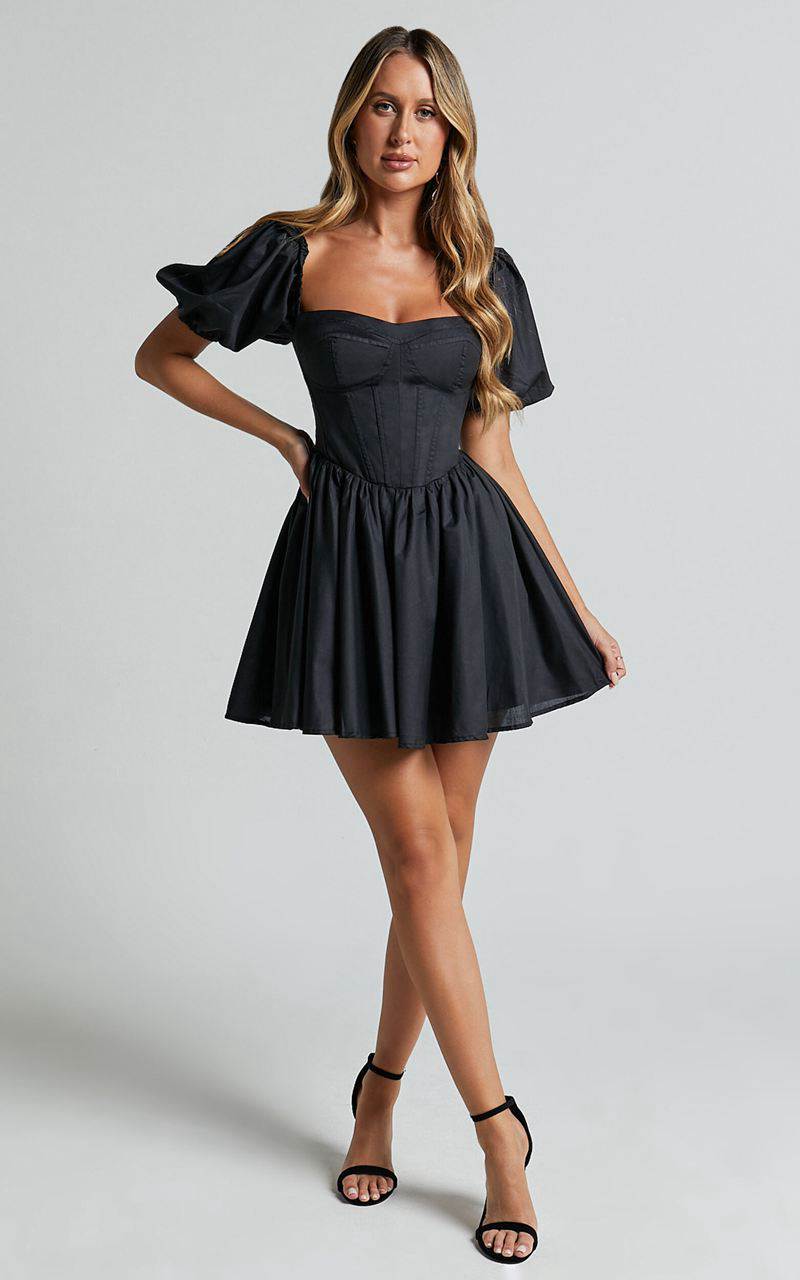 Showpo Souza Mini Dress - Fit And Flare Puff Sleeve Corset Dress Black | WTZQPL740