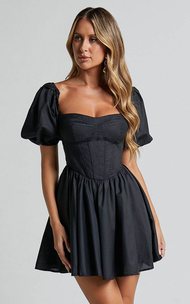 Showpo Souza Mini Dress - Fit And Flare Puff Sleeve Corset Dress Black | WTZQPL740