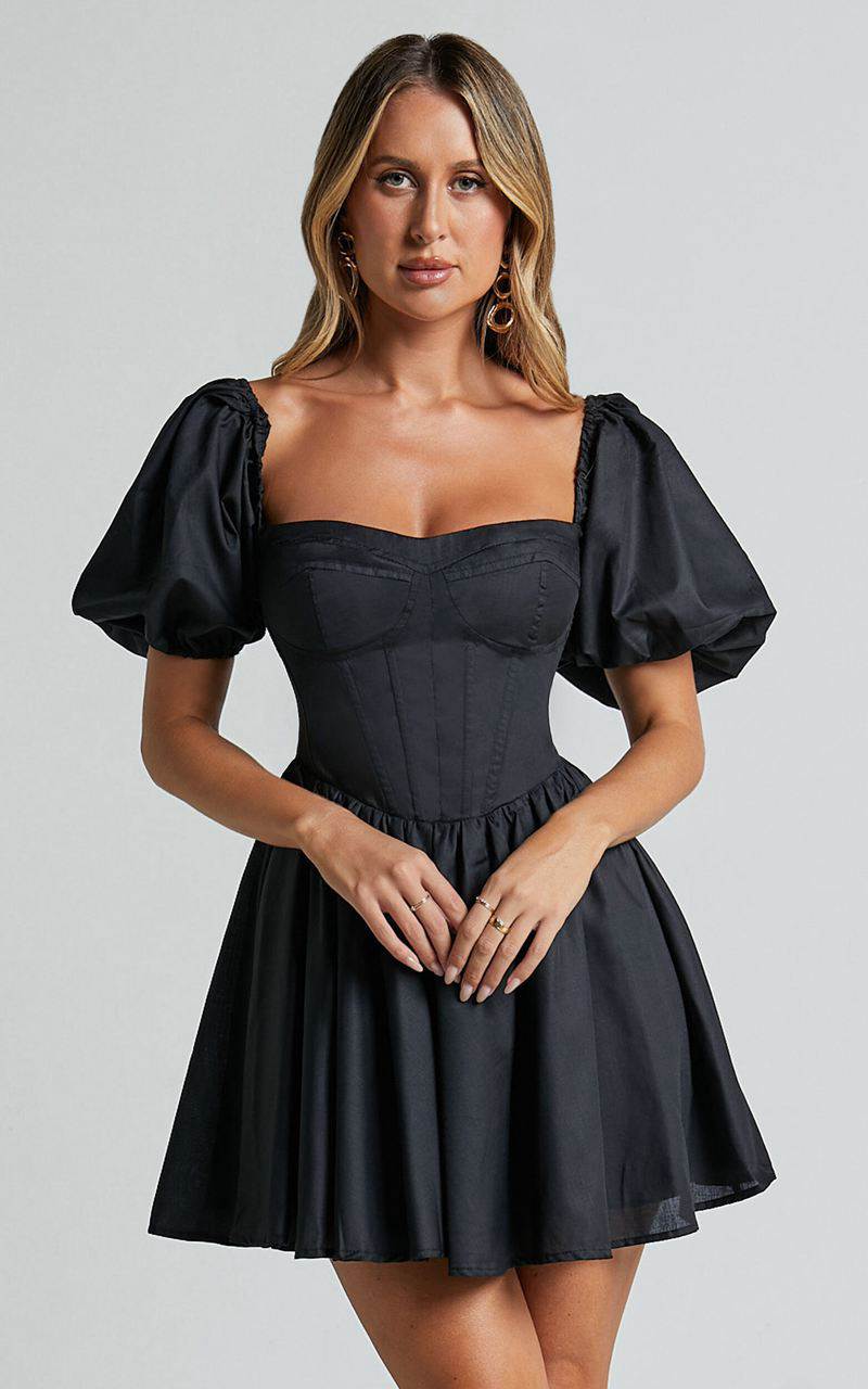 Showpo Souza Mini Dress - Fit And Flare Puff Sleeve Corset Dress Black | WTZQPL740