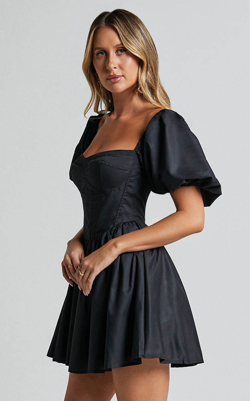 Showpo Souza Mini Dress - Fit And Flare Puff Sleeve Corset Dress Black | WTZQPL740