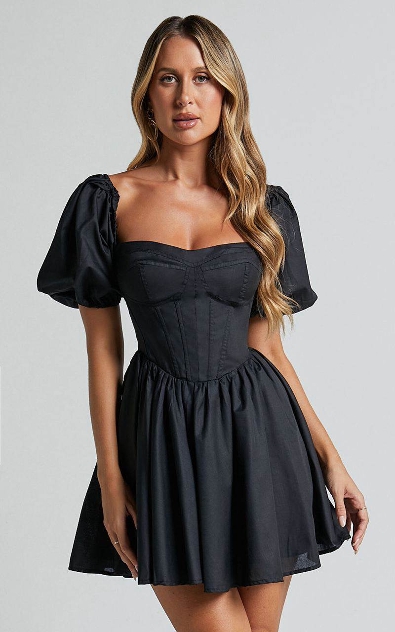 Showpo Souza Mini Dress - Fit And Flare Puff Sleeve Corset Dress Black | WTZQPL740