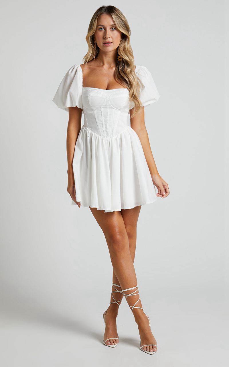 Showpo Souza Mini Dress - Fit And Flare Puff Sleeve Corset Dress White | NWFERV081