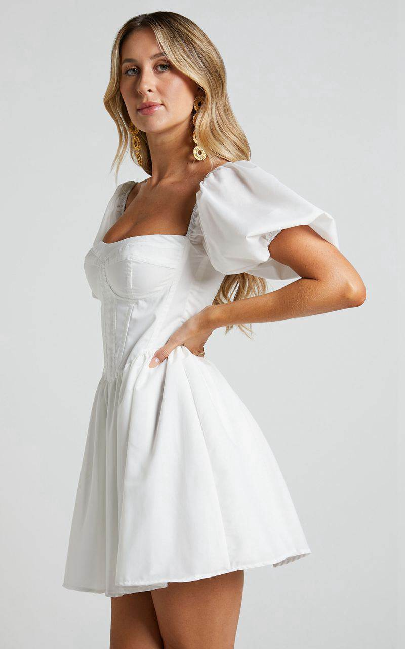 Showpo Souza Mini Dress - Fit And Flare Puff Sleeve Corset Dress White | NWFERV081