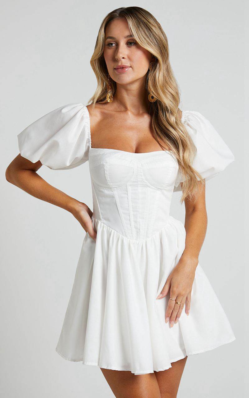 Showpo Souza Mini Dress - Fit And Flare Puff Sleeve Corset Dress White | NWFERV081