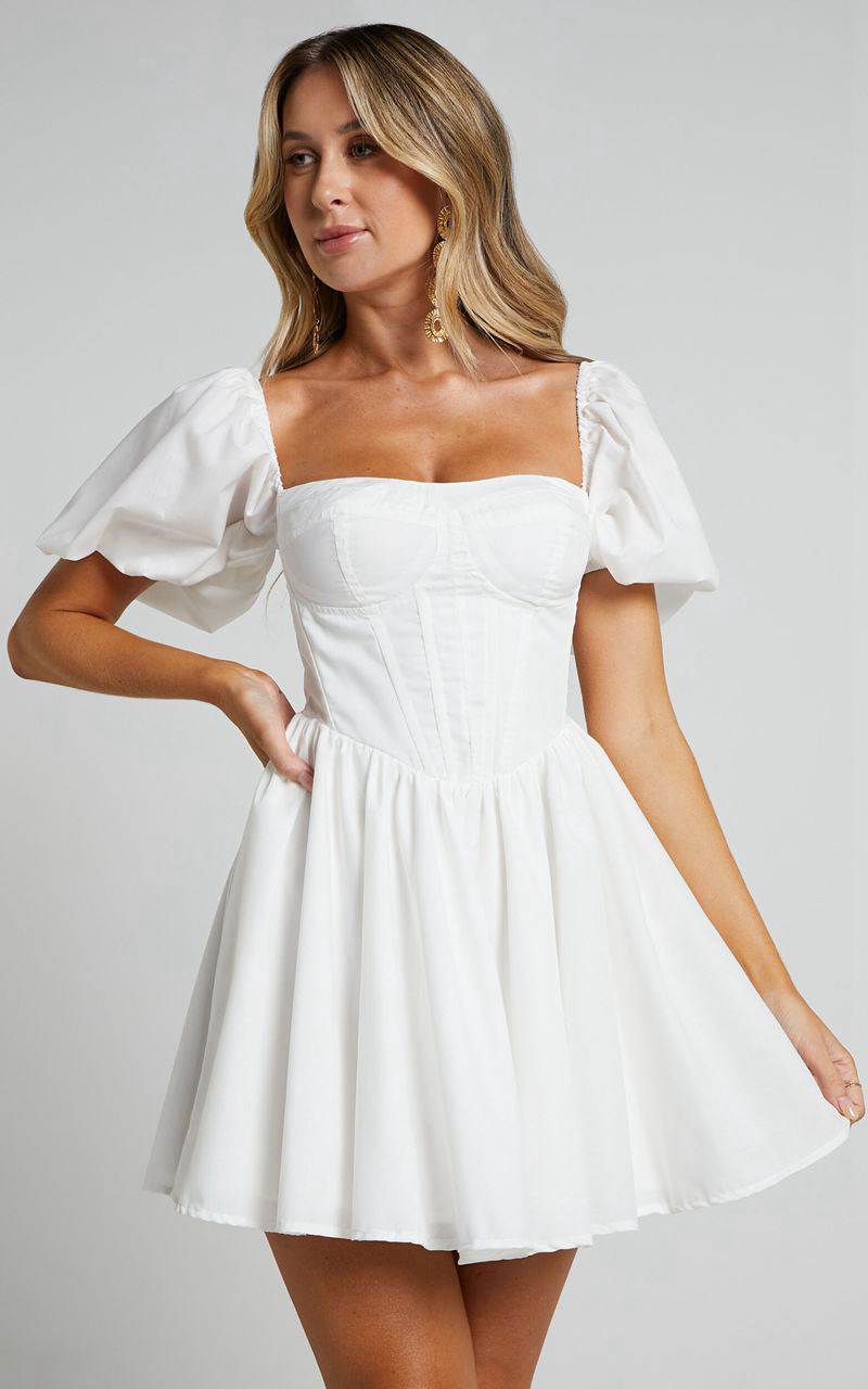 Showpo Souza Mini Dress - Fit And Flare Puff Sleeve Corset Dress White | NWFERV081