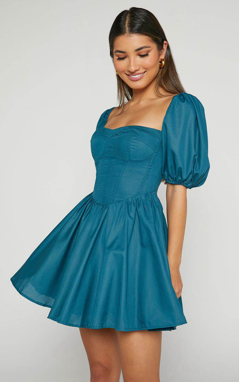 Showpo Souza Mini Dress - Fit And Flare Puff Sleeve Corset Dress Jade Green | YFDJWX547