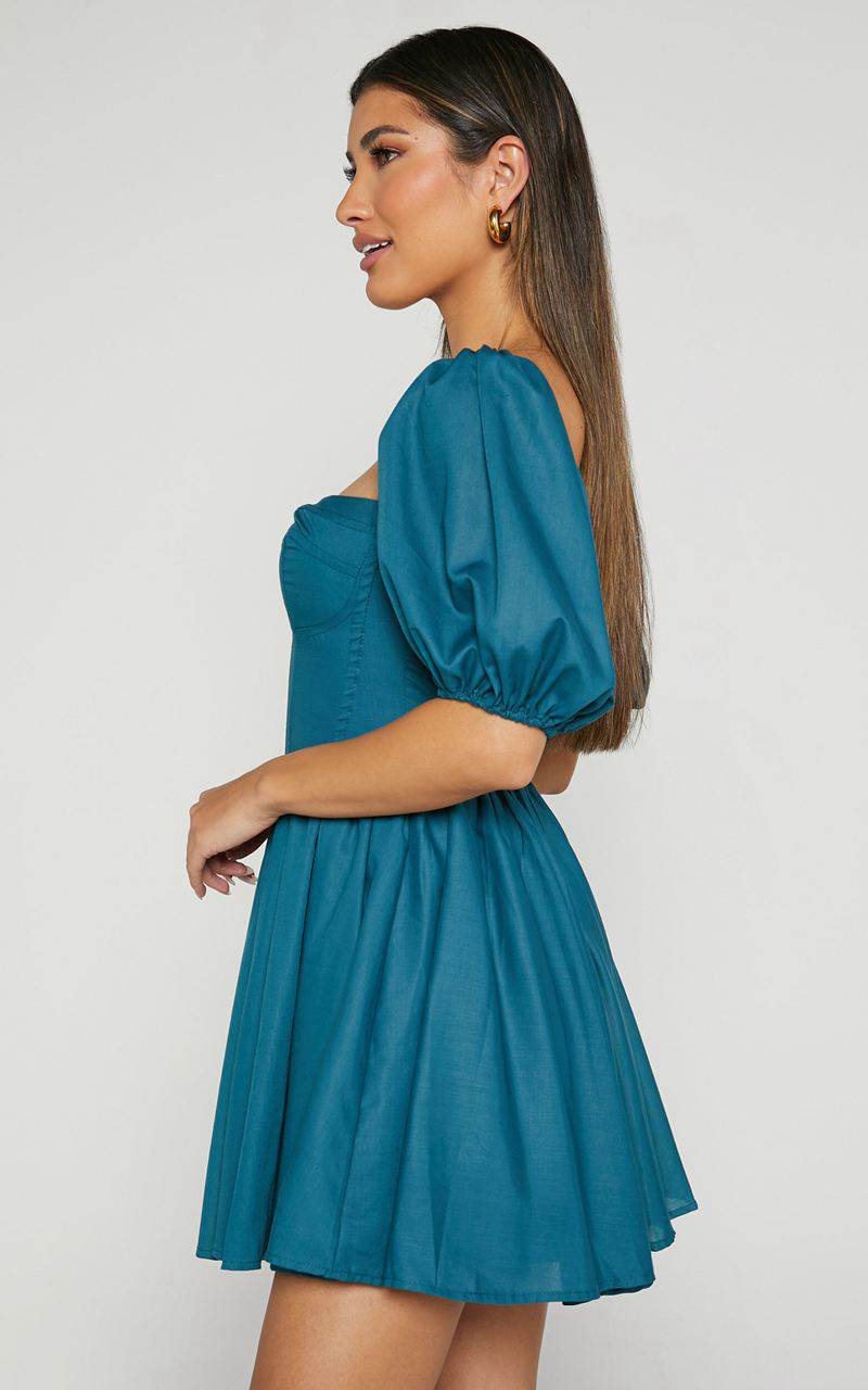 Showpo Souza Mini Dress - Fit And Flare Puff Sleeve Corset Dress Jade Green | YFDJWX547