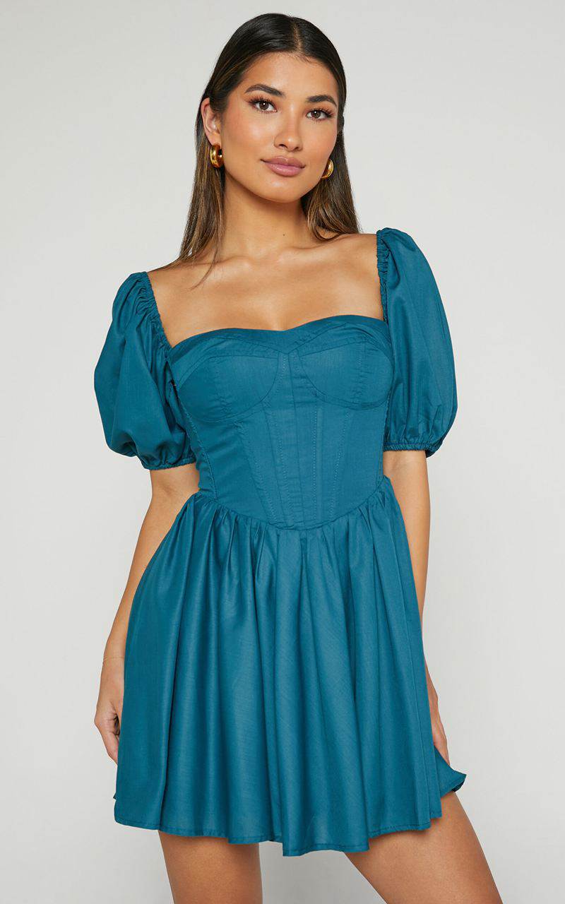 Showpo Souza Mini Dress - Fit And Flare Puff Sleeve Corset Dress Jade Green | YFDJWX547