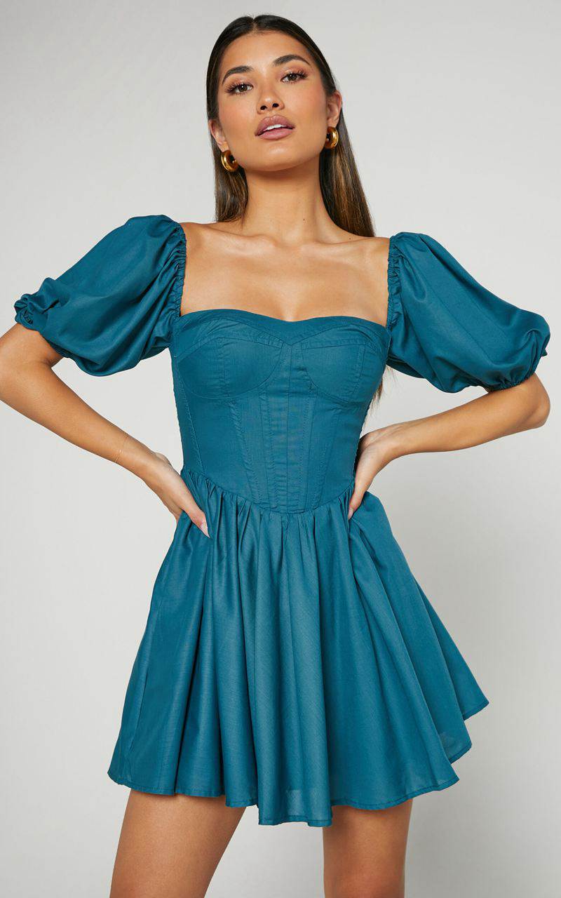 Showpo Souza Mini Dress - Fit And Flare Puff Sleeve Corset Dress Jade Green | YFDJWX547