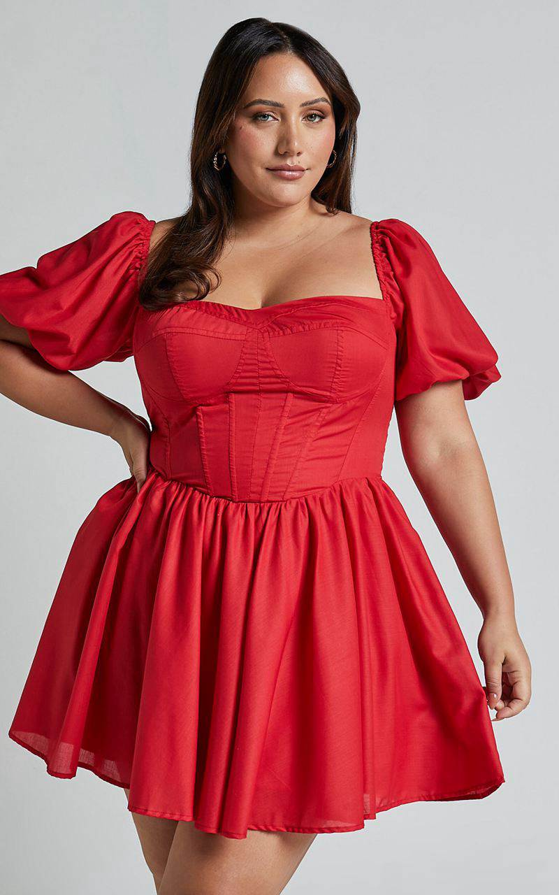 Showpo Souza Mini Dress - Fit And Flare Puff Sleeve Corset Dress Red | HGIZCU470