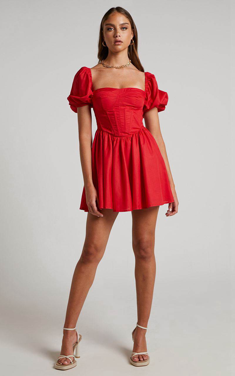 Showpo Souza Mini Dress - Fit And Flare Puff Sleeve Corset Dress Red | HGIZCU470