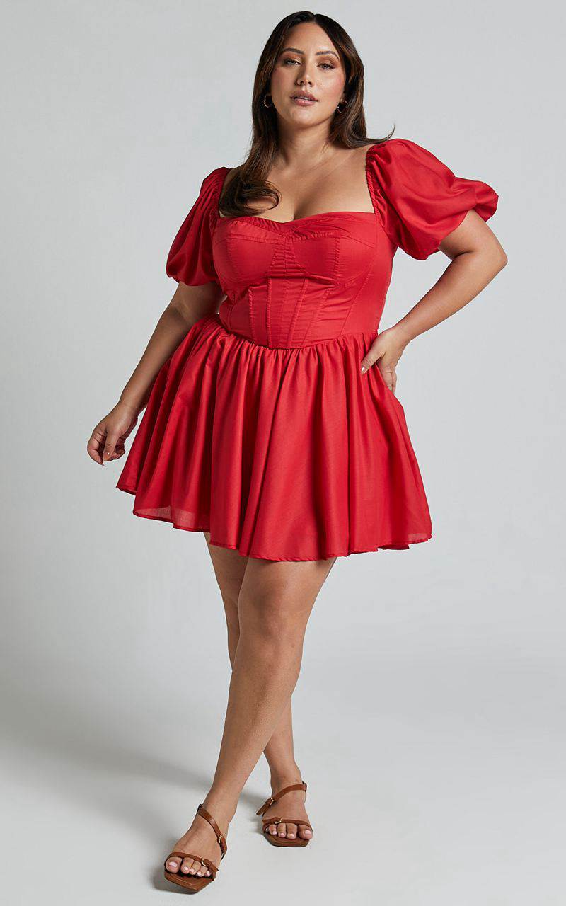 Showpo Souza Mini Dress - Fit And Flare Puff Sleeve Corset Dress Red | HGIZCU470