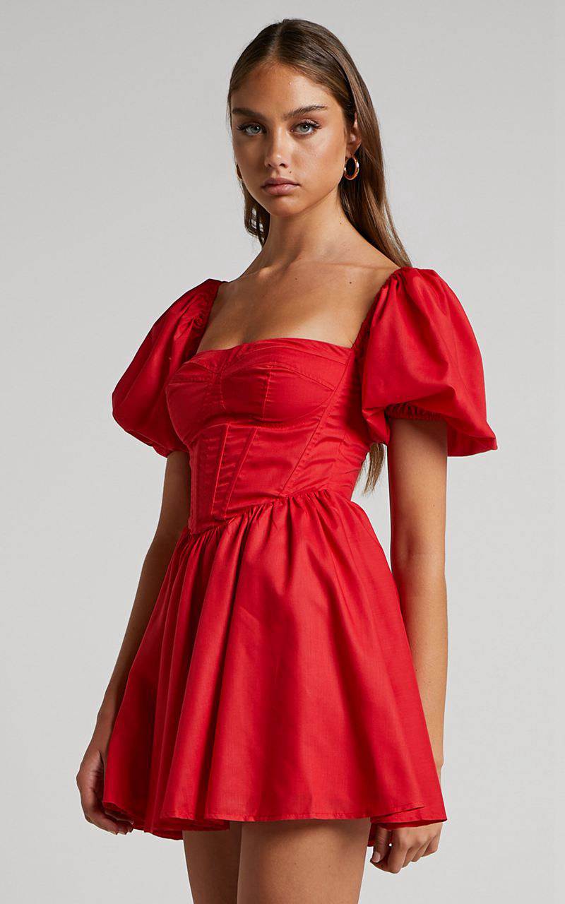 Showpo Souza Mini Dress - Fit And Flare Puff Sleeve Corset Dress Red | HGIZCU470