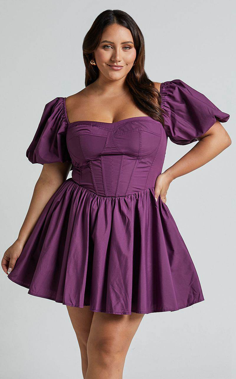 Showpo Souza Mini Dress - Fit And Flare Puff Sleeve Corset Dress Dark Amethyst | OBTSUD350