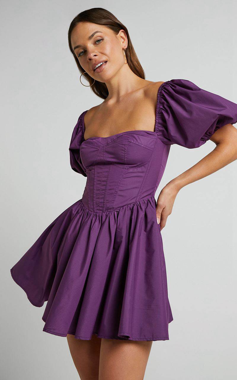 Showpo Souza Mini Dress - Fit And Flare Puff Sleeve Corset Dress Dark Amethyst | OBTSUD350