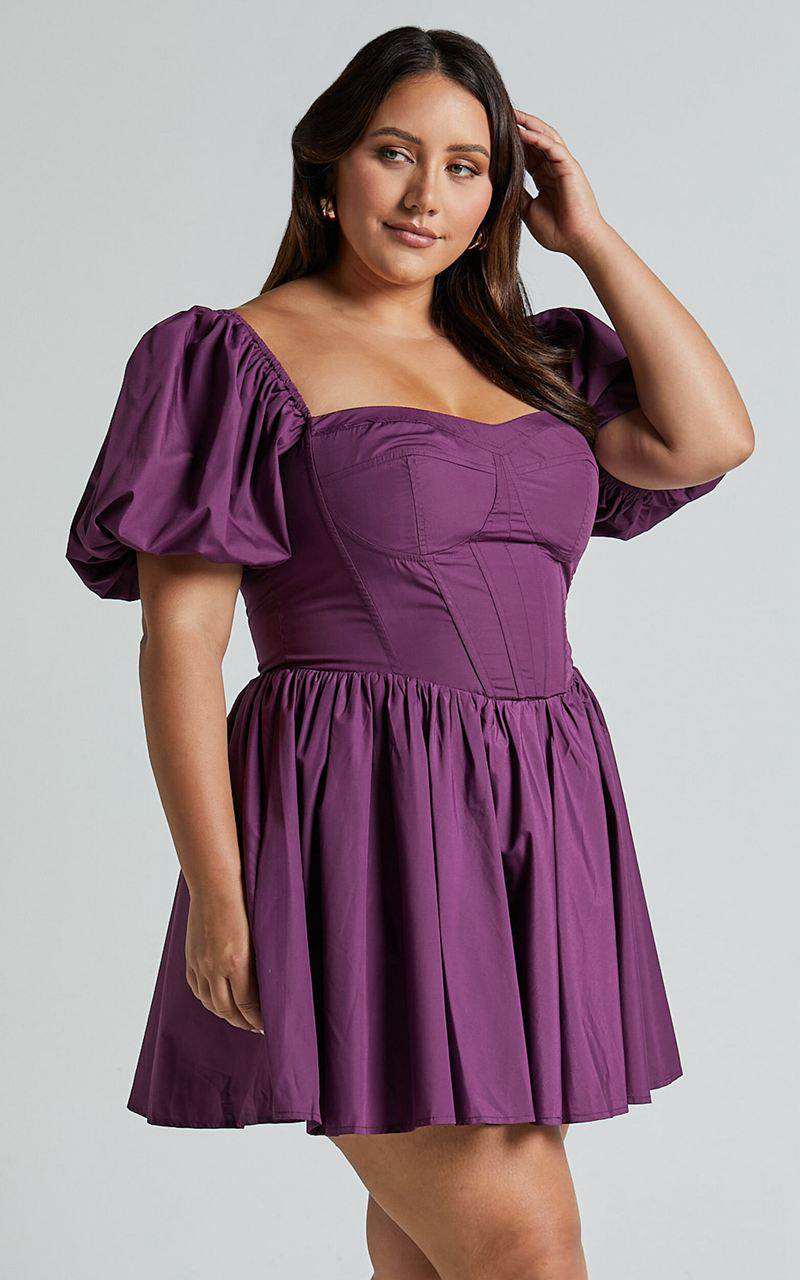 Showpo Souza Mini Dress - Fit And Flare Puff Sleeve Corset Dress Dark Amethyst | OBTSUD350