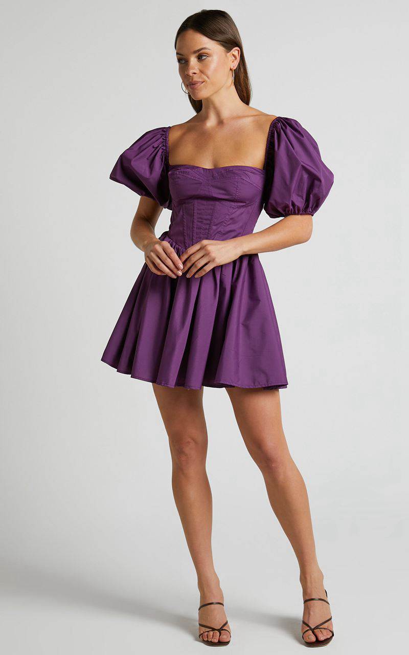 Showpo Souza Mini Dress - Fit And Flare Puff Sleeve Corset Dress Dark Amethyst | OBTSUD350