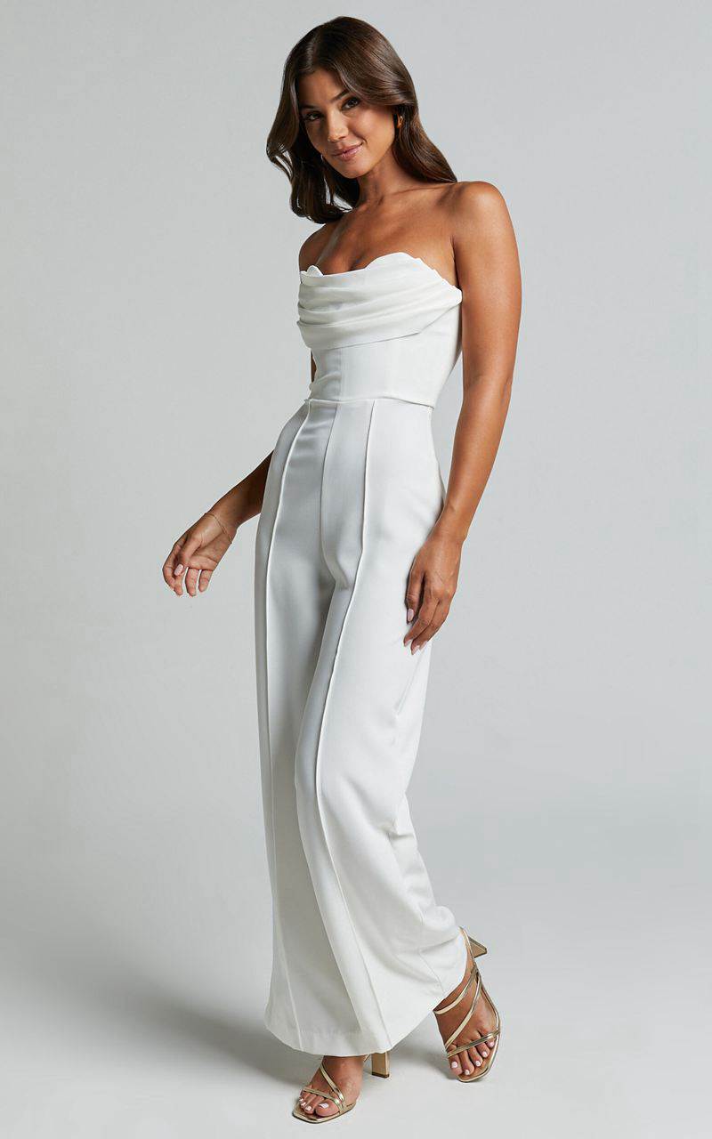 Showpo Stacey Jumpsuit - Strapless Cowl Wide Leg Jumpsuit Off White | IFZXRH238