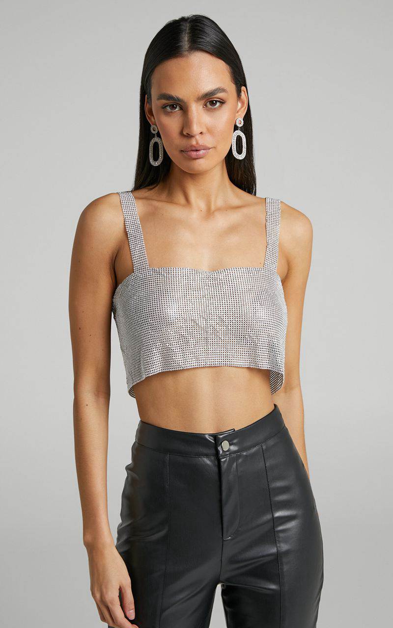 Showpo Starry Nights Top - Mesh Cropped Top Silver | BIYJAS854