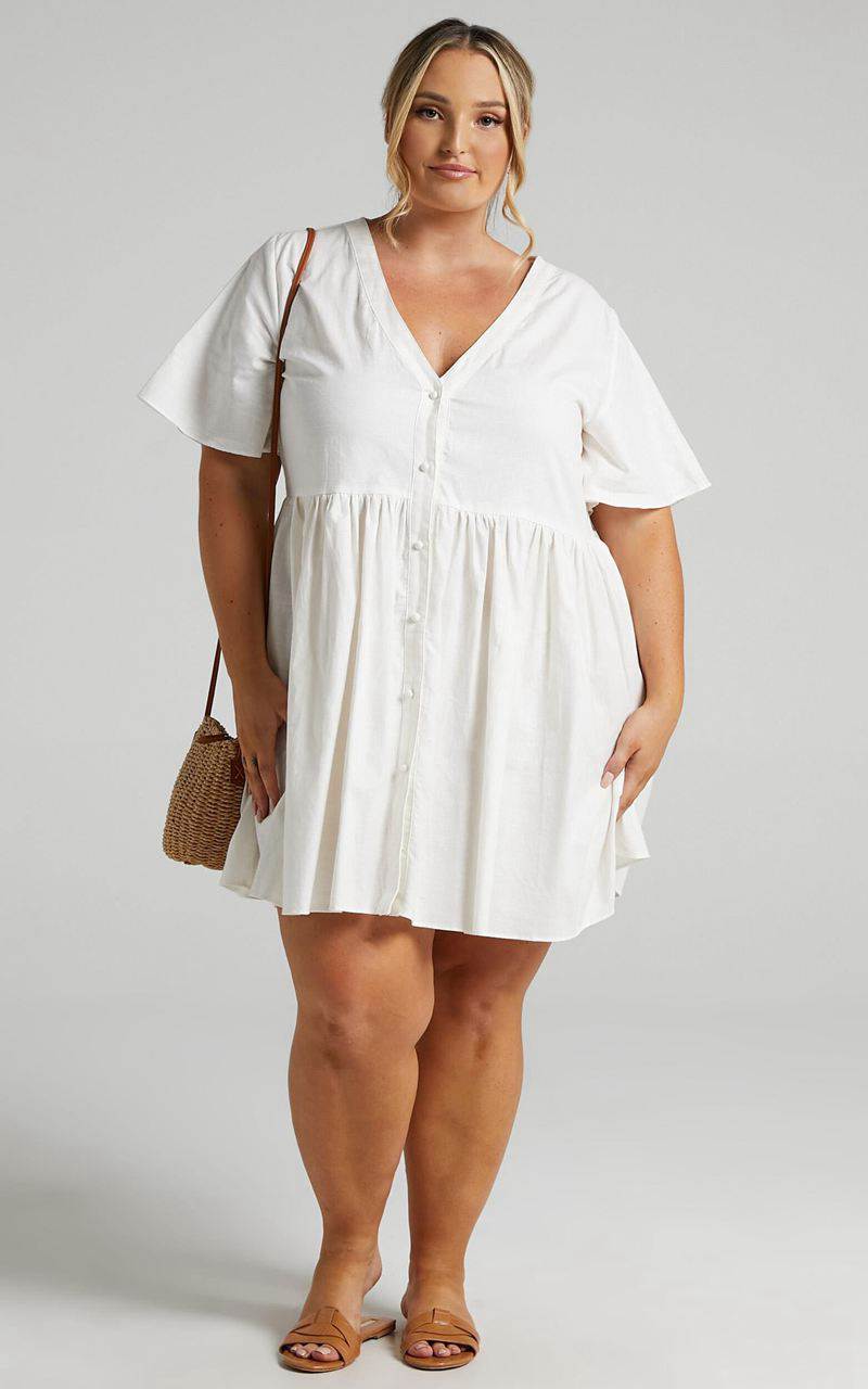 Showpo Staycation Mini Dress - Smock Button Up Dress White | EJXYHR810