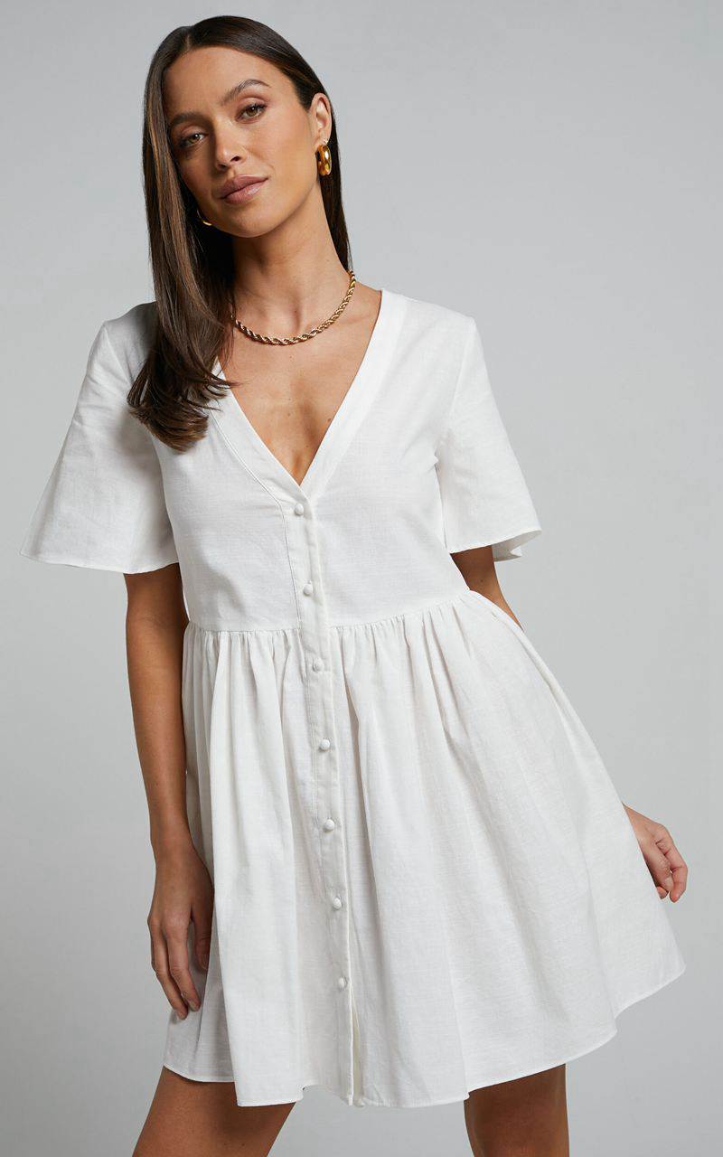 Showpo Staycation Mini Dress - Smock Button Up Dress White | EJXYHR810