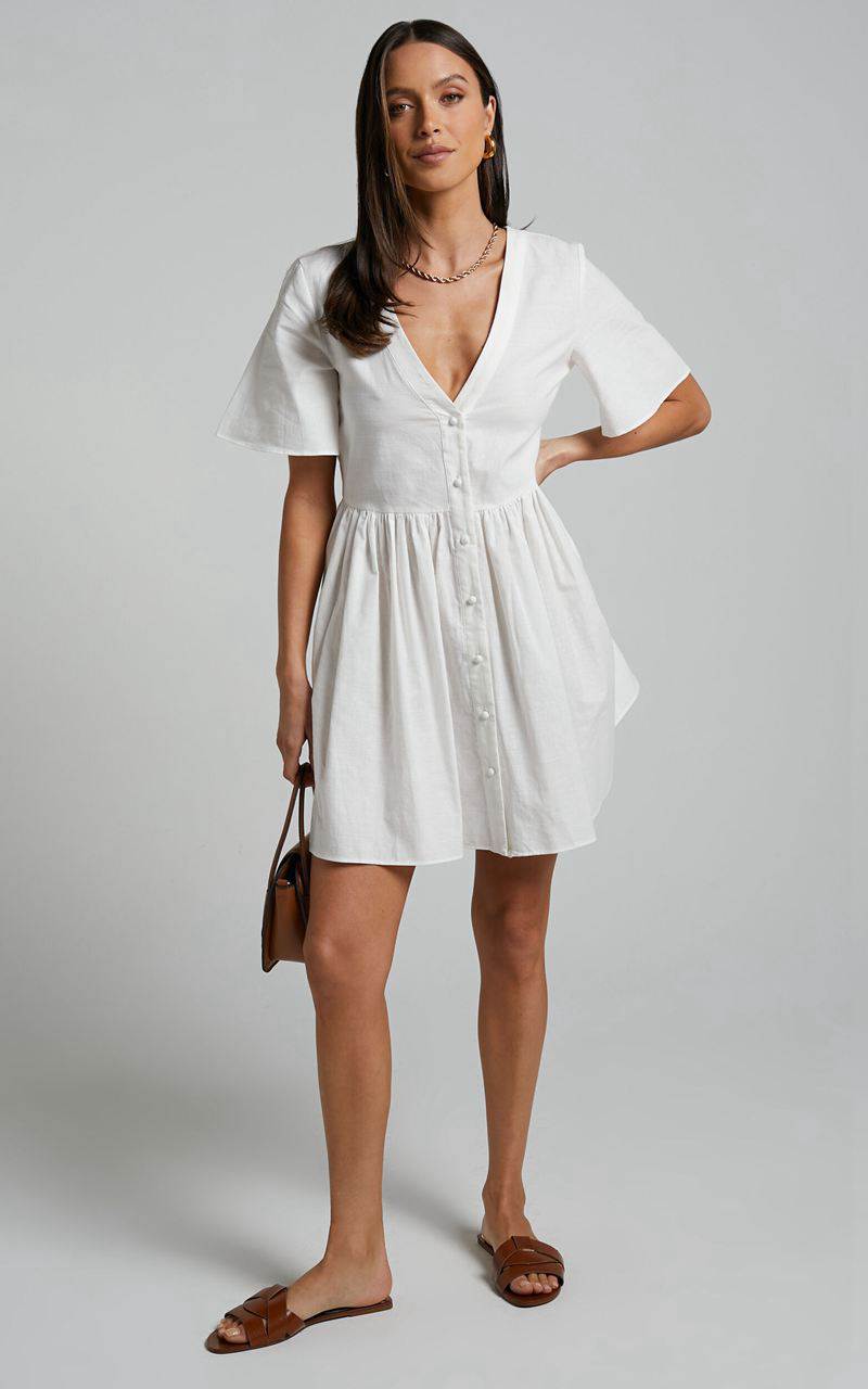 Showpo Staycation Mini Dress - Smock Button Up Dress White | EJXYHR810