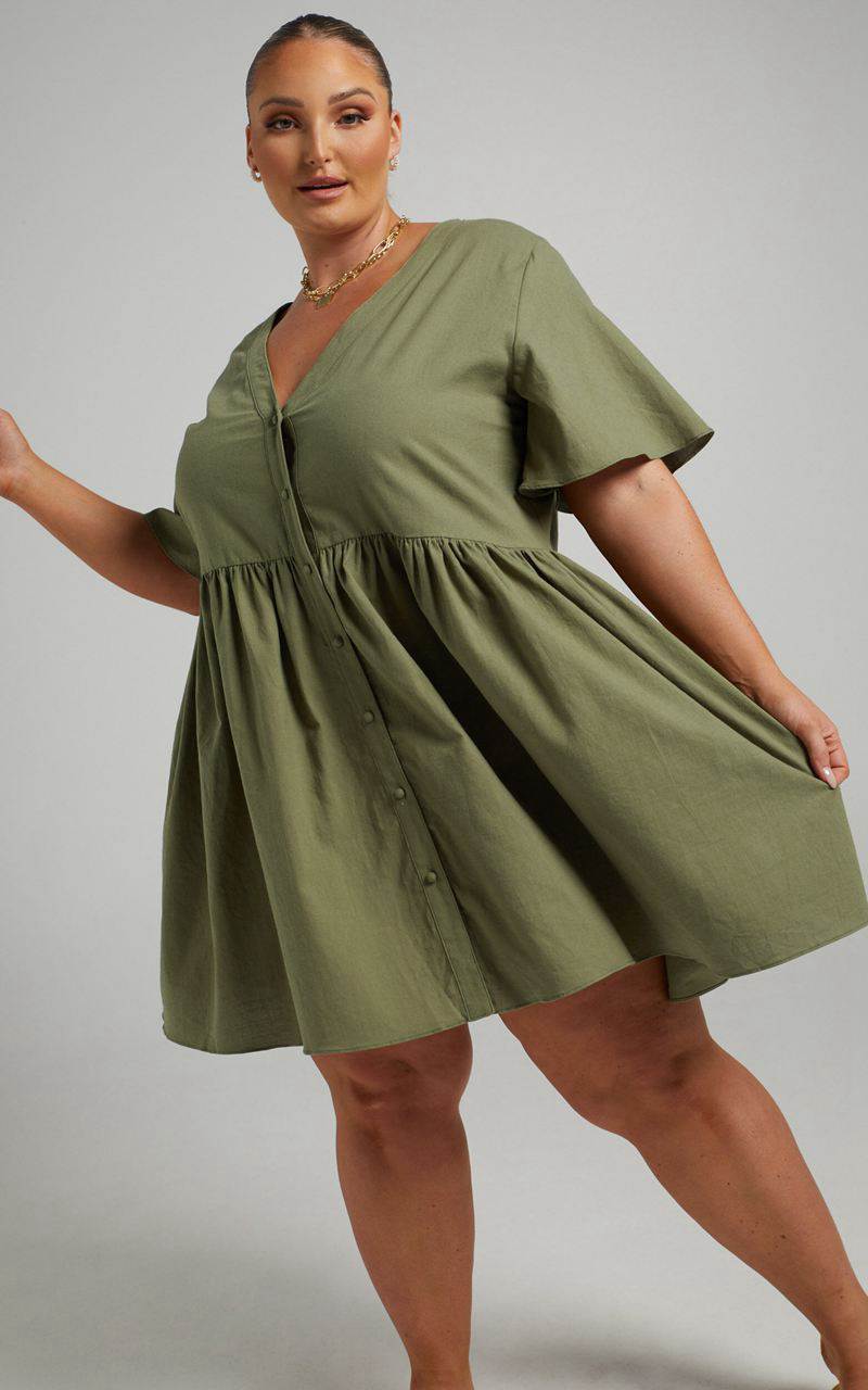 Showpo Staycation Mini Dress - Smock Button Up Dress Khaki | HMGABW816