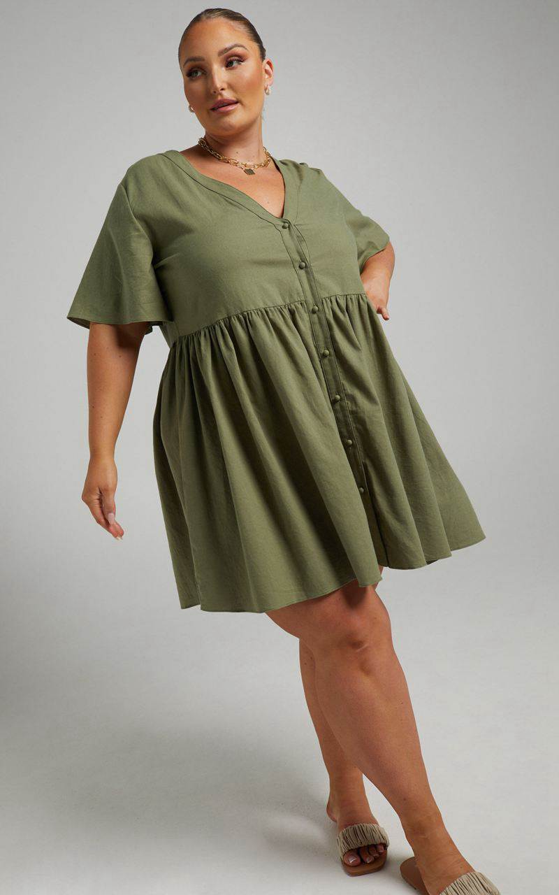 Showpo Staycation Mini Dress - Smock Button Up Dress Khaki | HMGABW816