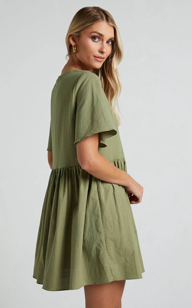 Showpo Staycation Mini Dress - Smock Button Up Dress Khaki | HMGABW816