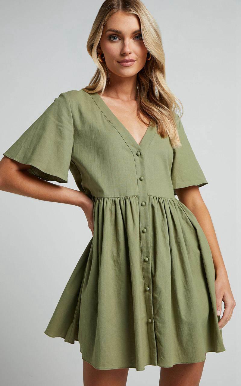 Showpo Staycation Mini Dress - Smock Button Up Dress Khaki | HMGABW816